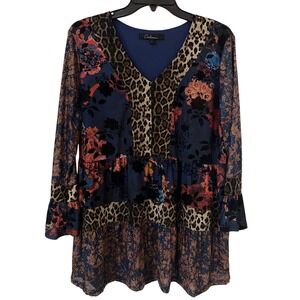 Caleaaa Women Leopard Floral Tiered Tunic Top Navy Blue Ruffle Bell Sleeve L